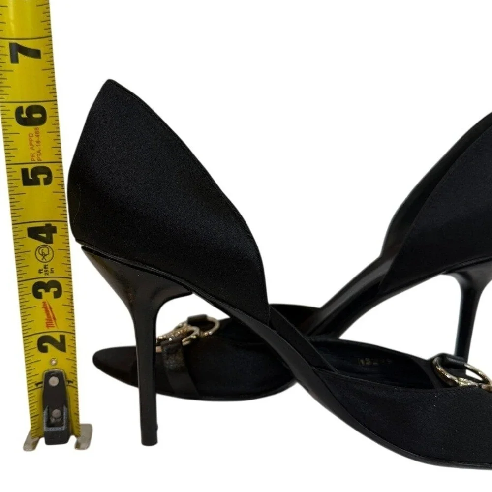 Gucci Black Satin Horsebit Crystal D'Orsay Open Toe Heels 9.5B Made in Italy